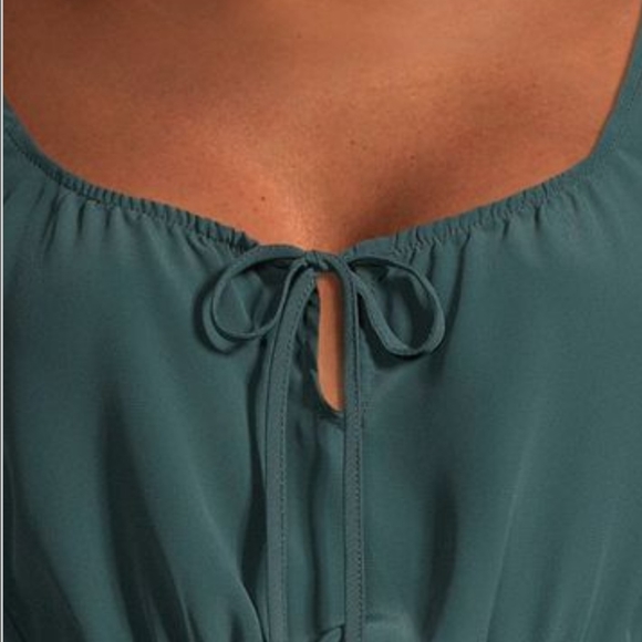 Socialite Long Sleeve Smocked Waist Peasant Tie Front Blouse Trekking Green S - Picture 2 of 6